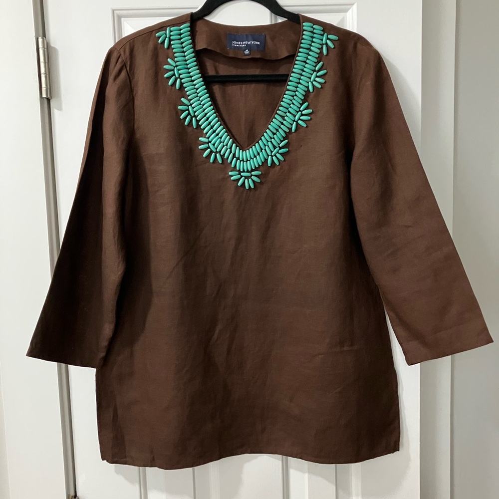 Jones New York Brown Tunic with Turquoise Accents